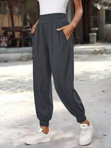 EMERY ROSE Women's Solid Color High Waist Pleated Pocket Drawstring Casual Pants - Grey - View 3