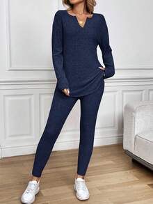 SHEIN LUNE 女士保暖罗纹长袖T恤和打底裤两件套，粉色，秋冬季 - 藏蓝色 - 查看 5
