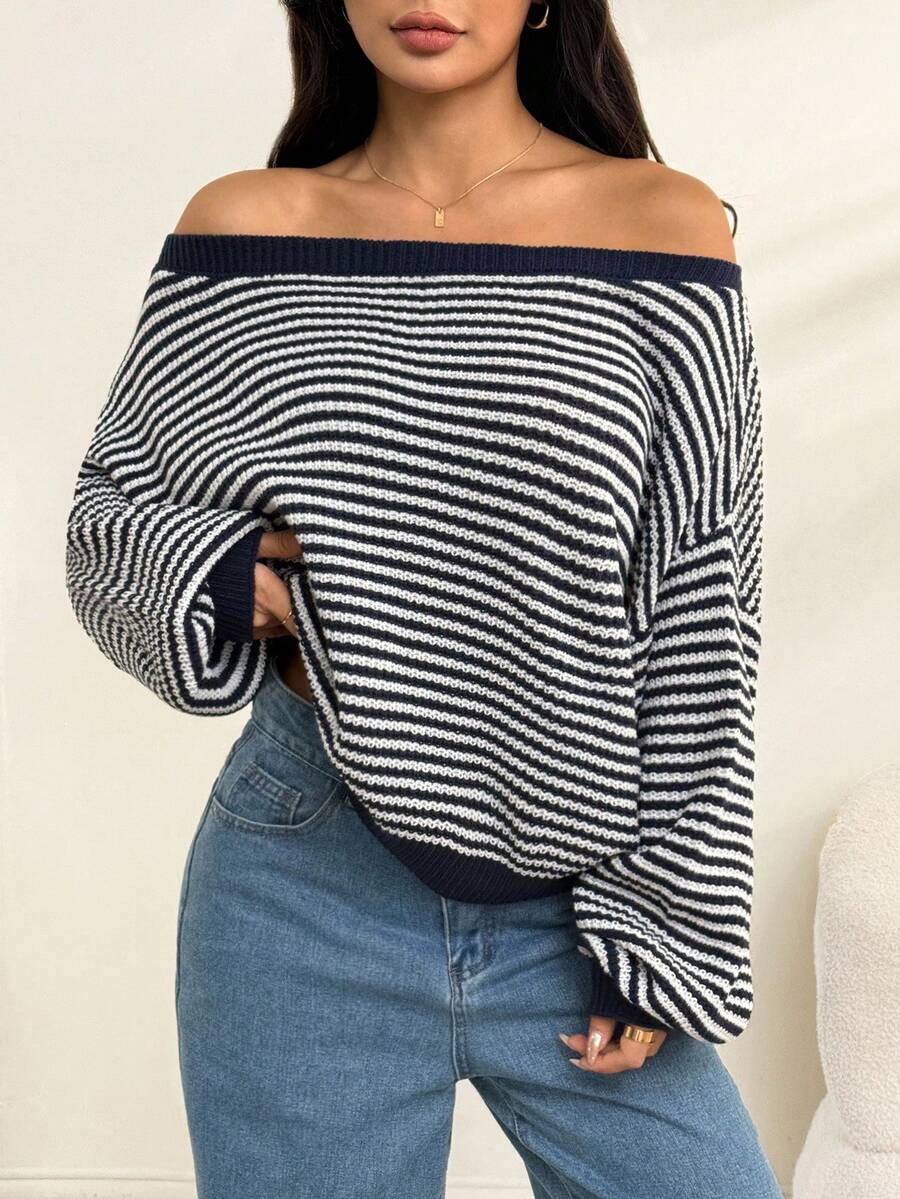 SHEIN PETITE Áo len trễ vai họa tiết sọc ấm áp cho mùa thu đông - Nhiều màu - Xem 1