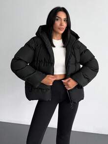 EURMUSE Solid Color, Zip Up, Hooded Winter Coat - Black - View 3