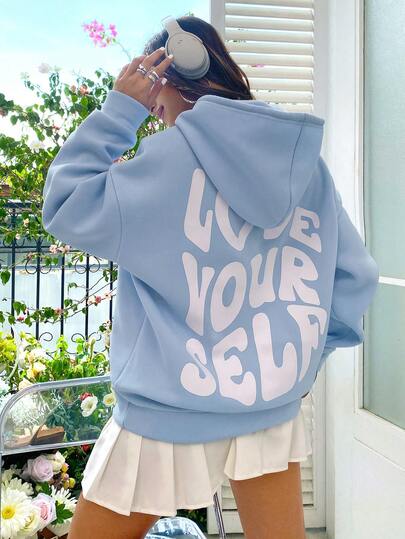 sweat-shirt à capuche thermique avec épaules dénudées et cordon de serrage, avec slogan graphique "LOVE YOURSELF", manches longues