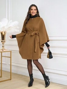 Ellevyn 女士优雅通勤斗篷式圆领中长款外套，秋冬季外出沙特国庆节圣诞节服装女士秋季服装冬季外套 - 摩卡棕 - 查看 4