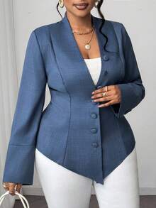 Maweii Plus Size Women Deep V Sexy Bodycon Long Sleeve Blouse, Elegant Office Wear For Spring & Autumn - Blue - View 7