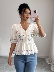 Breezaya French Elegant Romantic V-Neck Tie Floral Print Women Summer Blouse