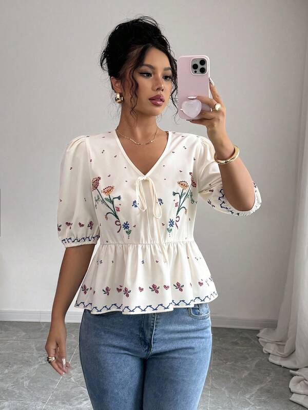 Breezaya Blusa de verano para mujer con cuello en V romántico y elegante, con estampado floral y lazo