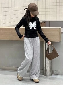 DAZY 2 件套青少年女孩圆领针织蝴蝶结印花 T 恤 + 裤子套装，秋季 - 黑色 - 查看 5