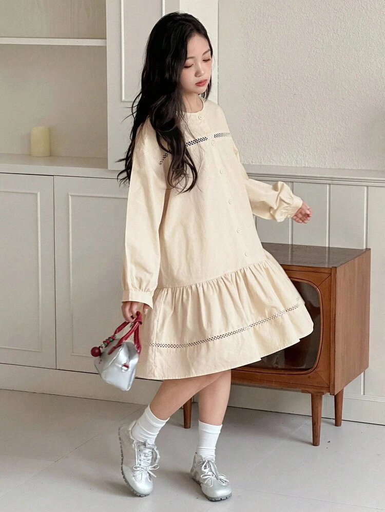 Tween Girls Round Neck Long Sleeve Woven Dress