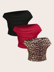 Sweetra Camiseta de manga corta con hombros descubiertos de unicolor para mujer de talla grande, top casual ajustado y sexy para el verano con hombros descubiertos - Multicolor - Ver 2