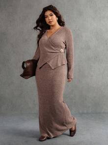 Elaquor Plus Size Women Solid Color Criss-Cross Wrap Long Sleeve Knit 2 Pieces Set - Camel - View 4