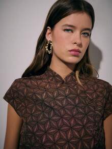 Nöista Two Pieces Coordinated Set Featuring A Short-Sleeve Top And Wide-Leg Pants With A Geometric Pattern And Detailed Chinese Buttons, Offering An Elegant Tailored Look Suitable For Women's Winter Outfits; Perfect For Polished Coordinated Styling, Refined Everyday Wear, Festive Christmas Occasions And Sophisticated New Year Events. - Brown - View 6