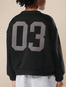 SUMWON 经典儿童圆领运动衫长袖套头衫休闲冬季秋季日常必备舒适运动衫 - 黑色 - 查看 1