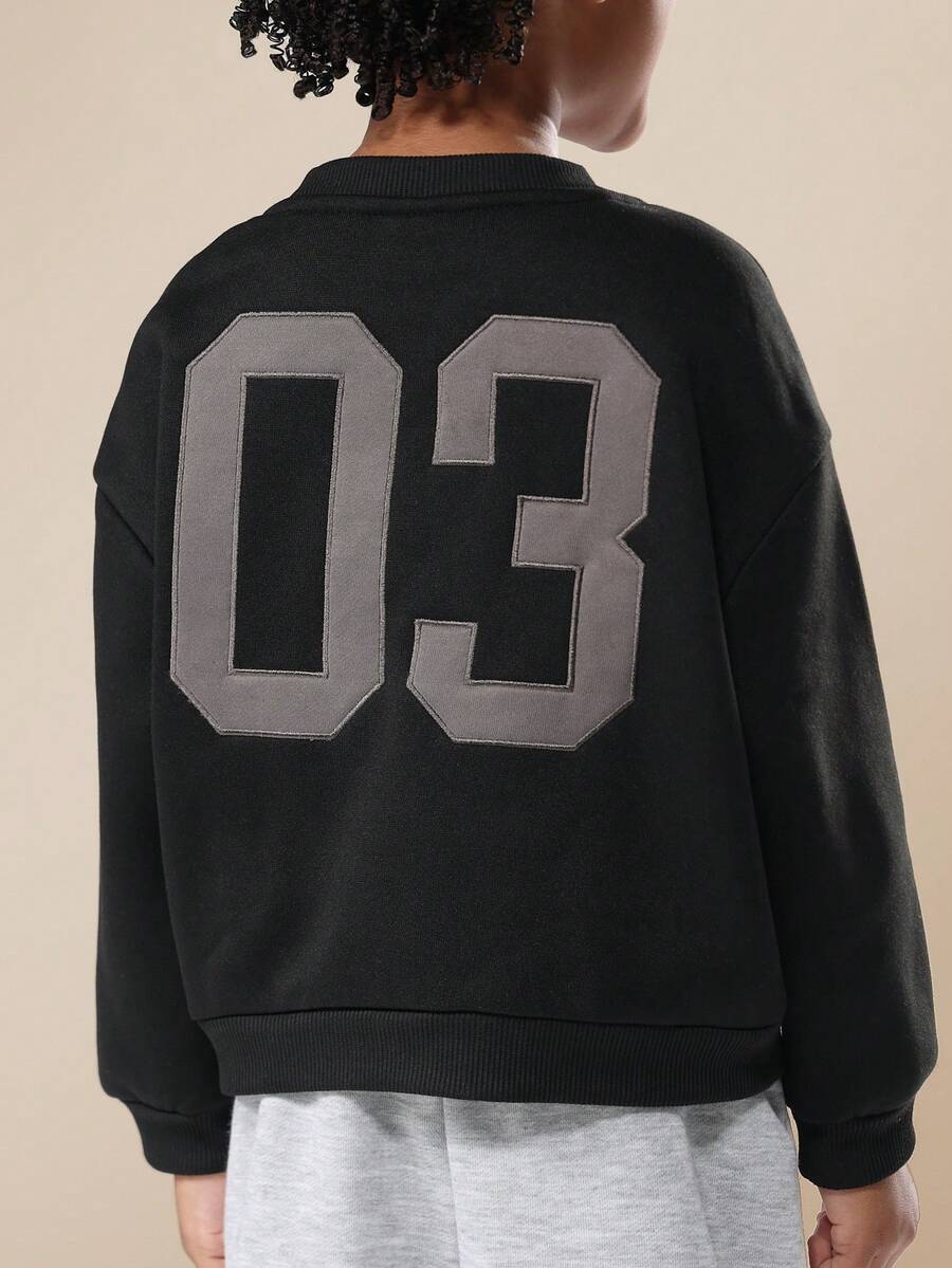 SUMWON 经典儿童圆领运动衫长袖套头衫休闲冬季秋季日常必备舒适运动衫 - 黑色 - 查看 1