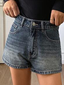 DAZY 女式水钻装饰修身休闲牛仔短裤 - 中等水洗藍 - 查看 4