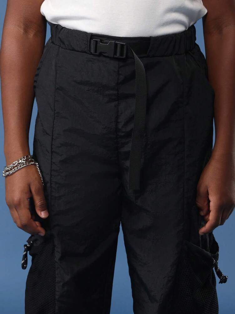 Nylon Cargo Pants With Mesh Panels And Elastic Ankles
