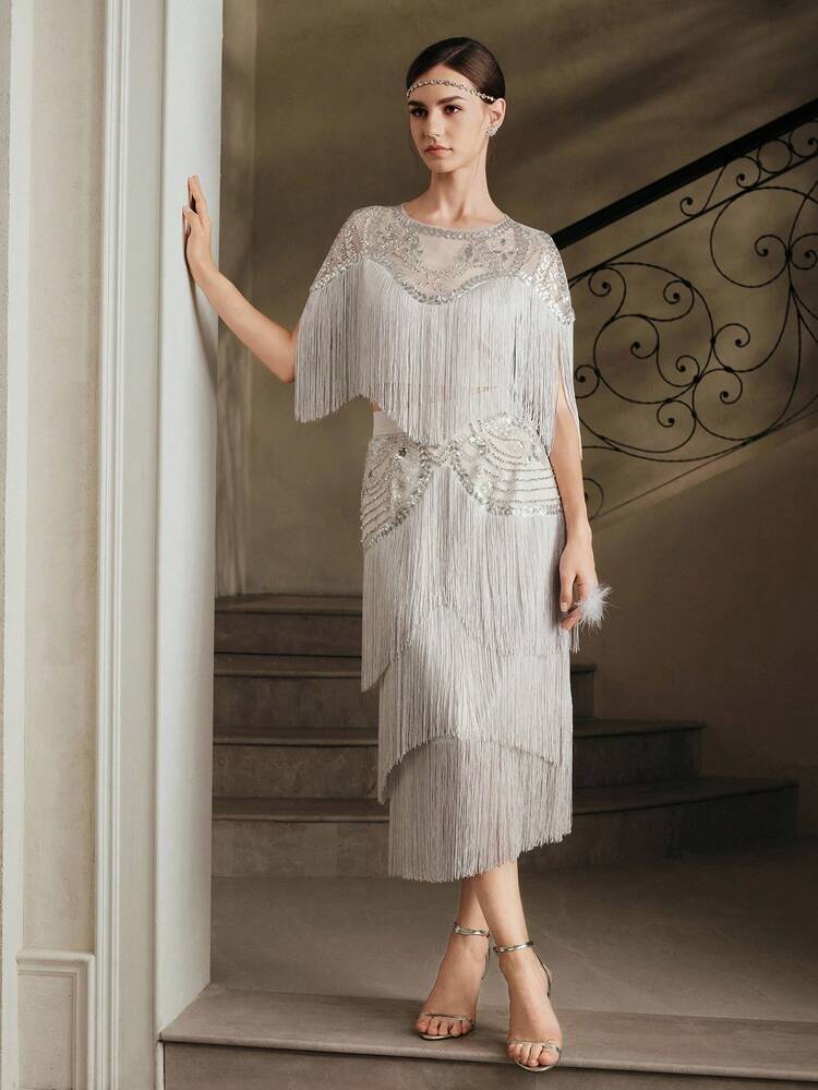 Costume de soirée élégant pour femmes, nouvelle à la mode, avec patchwork lourdement perlé et franges