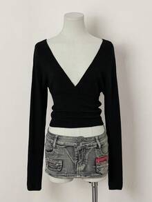 EgrlEra 女士纯色性感前卫V领休闲长袖毛衣，秋冬 - 黑色 - 查看 3