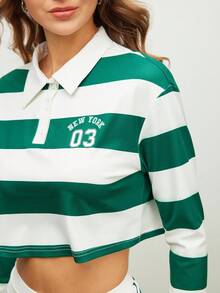 SHEIN Unity 女式撞色条纹半拉链休闲落肩宽松短款运动 Polo 衫 - 綠色 - 查看 4