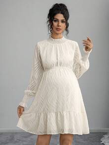 Momance Maternity Solid Color Stand Collar Long Sleeve Elegant Waist Cinched Dress Fall - Apricot - View 4