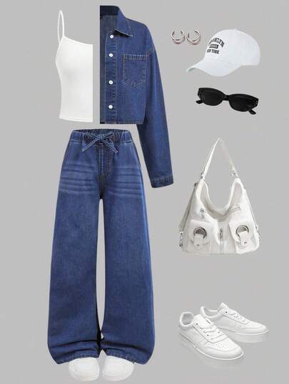 Girlism 两件套少女时尚休闲 Y2K 复古酷炫街头返校大学两件套，深蓝色短袖长袖牛仔翻领衬衫，松紧腰带抽绳设计，舒适宽松牛仔裤，适合儿童日常穿着，柔软舒适，也适合儿童秋冬季派对、节日和街头服饰，以及校园服装。