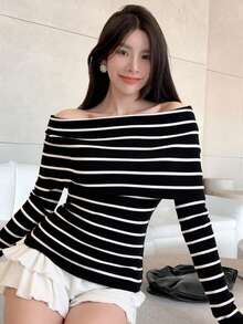 DAZY Black Striped Off-Shoulder Unique Slimming Versatile Off-Shoulder Long Sleeve Sweater - Black and White - View 1