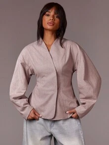 Athîral Women's Pink Jacquard Tweed Open-Front Jacket | Soft Textured Jacquard Woven With Sculpted Waist, Stand Collar & Relaxed Long Sleeves For Effortless Minimalist Layering (Office/Street/Lounge/Fall Spring Outerwear) - Coffee Brown - View 1