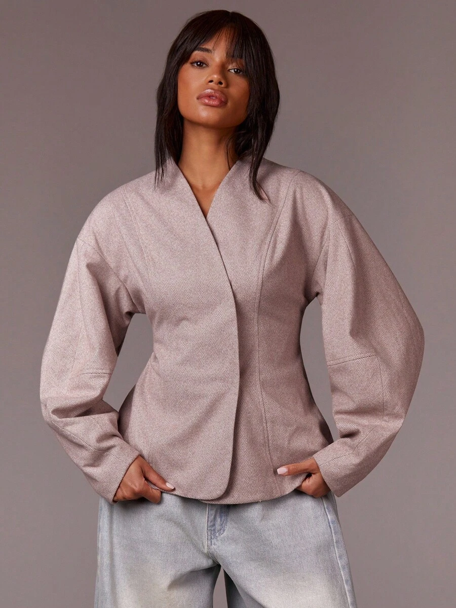 Athîral Women's Pink Jacquard Tweed Open-Front Jacket | Soft Textured Jacquard Woven With Sculpted Waist, Stand Collar & Relaxed Long Sleeves For Effortless Minimalist Layering (Office/Street/Lounge/Fall Spring Outerwear) - Coffee Brown - View 1