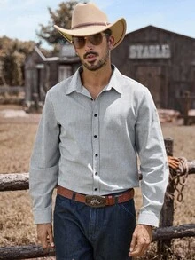 Manfinity Nomadique 男士成熟度假格子梭织长袖衬衫 西部衬衫 男士方格衬衫 男士牛仔衬衫 男士竞技衬衫 男士户外音乐节、夜店酒吧、男友/丈夫礼物、周年纪念礼物、秋季 - 藏蓝色 - 查看 4