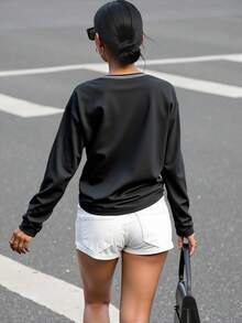 SHEIN MOOSTA Letter Graphic Drop Shoulder Tee Graphic Tees Women Tops - Black - View 2