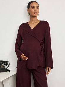 MaterniWear 办公室,商务休闲女装,秋装,孕妇装秋装孕妇装纯色系带上衣和裤子套装孕妇装两件套孕妇装秋冬套装女式阔腿裤套装女式裤子套装孕妇装孕妇裤套装 - 酒紅色 - 查看 2