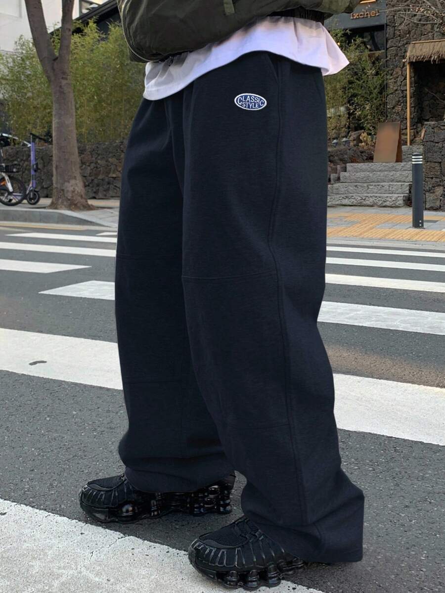 DAZY 男士保暖内衬海军蓝字母刺绣运动裤，秋冬男士慢跑裤 - 藏蓝色 - 查看 1