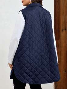 EMERY ROSE Plus Size Geometric Quilted Stand Collar Zip-Up Four-Button Patch Pocket Padded Coat Long Jacket For Women Autumn Winter Clothes For Women - Navy Blue - View 2