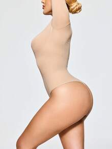 SHAPORA 女士纯色圆领长袖修身紧身衣 - 杏色 - 查看 4