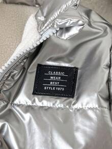 SHEIN 婴幼儿男女通用 0-3 岁休闲街头时尚厚立领夹克，金属银色外套，秋冬 - 銀色 - 查看 4