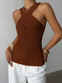 Elenzga Áo len dệt kim cổ chéo thiết kế tối giản, giản dị - màu nâu - Xem 6