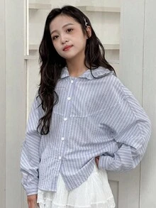 Dazy Kids 女童格子连帽长袖梭织衬衫 - 淺藍色 - 查看 6
