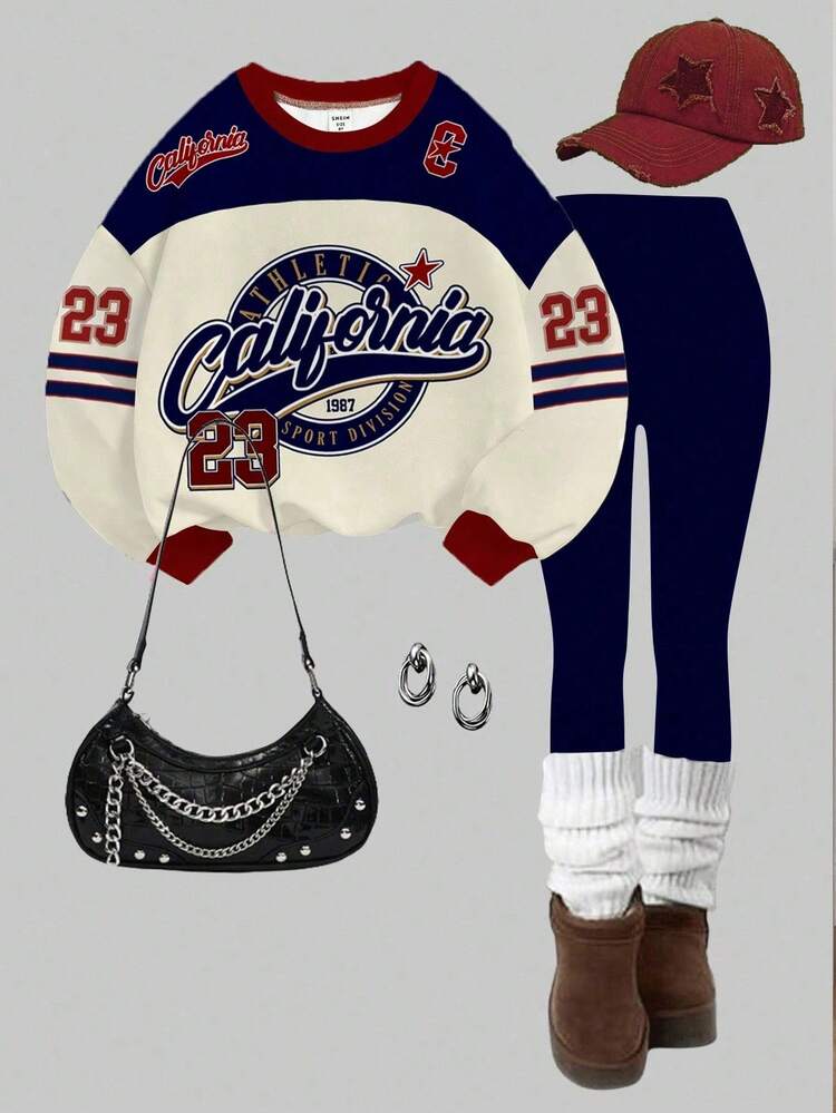 SHEIN Tween Girl Casual Retro Letter & Number Badge Graphic Sweatshirt And Leggings 2 Pieces Set, Collegiate Style, Back To School, Fashion Sportswear, Crew Neck Comfortable Long Sleeve, Suitable For Autumn/Winter