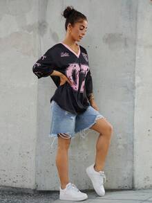 SAYEHFBABY 07 针织蝴蝶结衬衫休闲字母数字图案T恤女款，适合夏季 - 彩色 - 查看 4