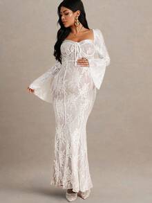 MaterniChic Autumn And Winter  Maternity Floral Lace Sweetheart Neck Flare Sleeve Fitted Mermaid Hem Elegant Dress - Dusty Pink - View 3