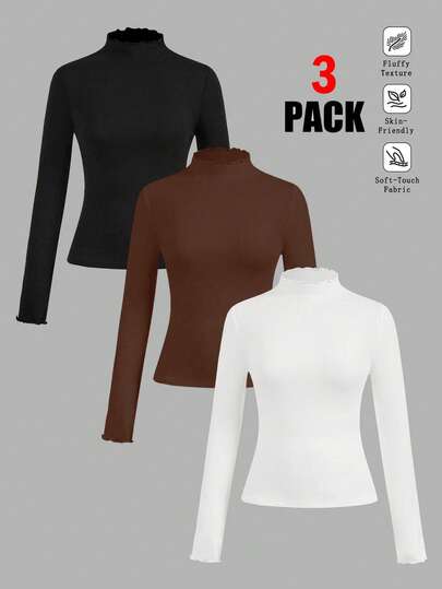 SHEIN EZwear 3 件大码休闲波浪下摆高领长袖 T 恤套装，适合秋冬季