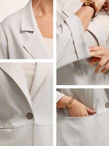 Momelise 大码女式修身优雅单扣西装外套，秋冬 - 卡其色 - 查看 8