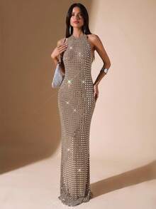 SHEIN BAE Váy dạ hội thanh lịch, thích hợp cho tiệc tùng, hộp đêm, tiệc cocktail, tiệc tối, dạ hội, dạ hội, dạ hội - Màu Khaki - Xem 3