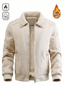 Manfinity Homme Men's Long Sleeve Casual Warm Thermal Lined Zip-Up Thermal Lined Jacket, Autumn/Winter Cream Men Thermal Lined Jacket For Men Outerwear - Khaki - View 1