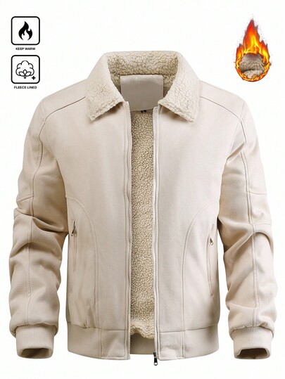 Manfinity Homme Men's Long Sleeve Casual Warm Thermal Lined Zip-Up Thermal Lined Jacket, Autumn/Winter Cream Men Thermal Lined Jacket For Men Outerwear