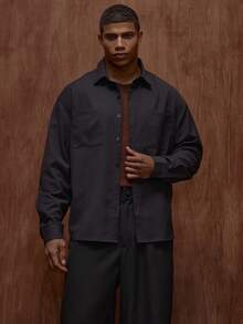 Musero Men Long Sleeve Oversized Button Through Front Chest Pocket Detailing Shirt Fall/SPRING SUMMER Clothes Basics - Black - View 5