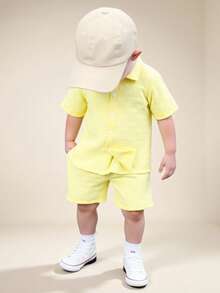 SHEIN 男童纯色 Polo 领衬衫配短裤两件套，夏季