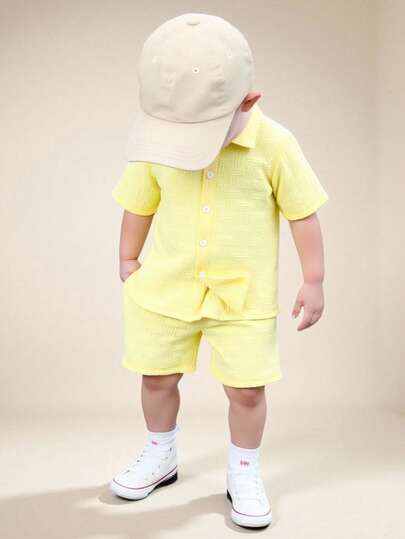 SHEIN Ung pojke Enfärgad pikétröja med shorts 2 delar Set, sommar