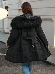 SHEIN Essnce 大码女装秋冬时尚休闲舒适日常保暖连帽收腰黑色中长款外套，女士冬装，曲线冬装 - 黑色 - 查看 1