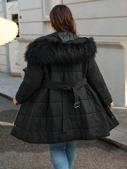 SHEIN Essnce Plus Size Women's Autumn And Winter Fashion Casual Comfortable Daily Warm Hooded Waist Black Mid-Length Coat,Women's Winter Clothes,Curve Winter Outfits