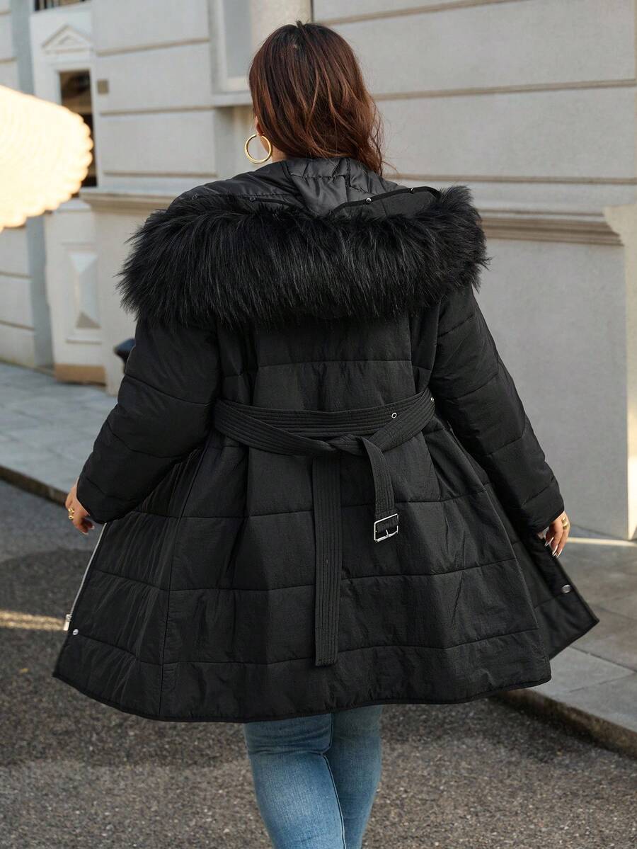 SHEIN Essnce 大码女装秋冬时尚休闲舒适日常保暖连帽收腰黑色中长款外套，女士冬装，曲线冬装 - 黑色 - 查看 1