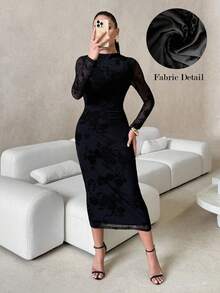 Lavishia Váy ôm sát tay dài cổ cao phối lưới nhung đen lấp lánh, thời trang - màu đen - Xem 4